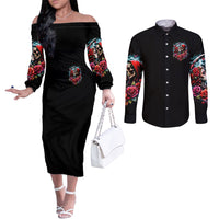 Couple Skull Couples Matching Off The Shoulder Long Sleeve Dress and Long Sleeve Button Shirt From Our Firse Kiss