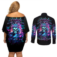 Queen Skull Couples Matching Off Shoulder Short Dress and Long Sleeve Button Shirt Bitch I'm The Fucking Queen - Wonder Print Shop