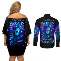 Skull Girl Couples Matching Off Shoulder Short Dress and Long Sleeve Button Shirt Yes I'm A Bitch But Not Yours - Wonder Print Shop