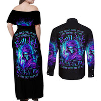 Flame Girl Skull Couples Matching Off Shoulder Maxi Dress and Long Sleeve Button Shirt The Good Girl In Me Got Tired Of The Bullshit - Wonder Print Shop