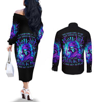 Flame Girl Skull Couples Matching Off The Shoulder Long Sleeve Dress and Long Sleeve Button Shirt The Good Girl In Me Got Tired Of The Bullshit