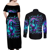 Flame Girl Skull Couples Matching Off Shoulder Maxi Dress and Long Sleeve Button Shirt The Good Girl In Me Got Tired Of The Bullshit - Wonder Print Shop