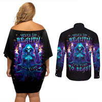 Witch Skull Couples Matching Off Shoulder Short Dress and Long Sleeve Button Shirt Wake Up Beasuty I't Time To Beast - Wonder Print Shop