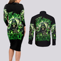 Flame Reaper Skull Couples Matching Long Sleeve Bodycon Dress and Long Sleeve Button Shirt I'm Not Anti Social I'm Just Not User Friendly - Wonder Print Shop