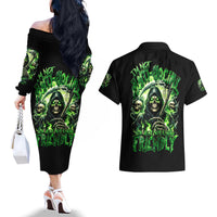 Flame Reaper Skull Couples Matching Off The Shoulder Long Sleeve Dress and Hawaiian Shirt I'm Not Anti Social I'm Just Not User Friendly - Wonder Print Shop