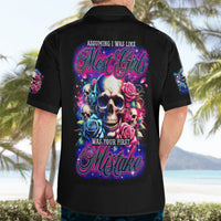 Black Hawaiian button-up shirt with back skull and rose graphic