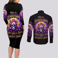 Sunflower Skull Couples Matching Long Sleeve Bodycon Dress and Long Sleeve Button Shirt She Is Sunshine Mixed With A Little Hurricane - Wonder Print Shop