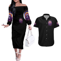 Sunflower Skull Couples Matching Off The Shoulder Long Sleeve Dress and Hawaiian Shirt She Is Sunshine Mixed With A Little Hurricane - Wonder Print Shop