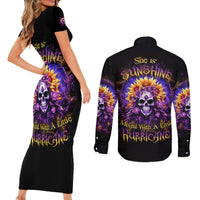 Sunflower Skull Couples Matching Short Sleeve Bodycon Dress and Long Sleeve Button Shirt She Is Sunshine Mixed With A Little Hurricane - Wonder Print Shop