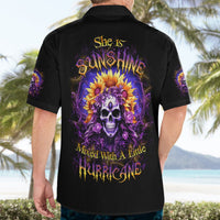 Black short-sleeve Hawaiian button-up with large back skull and sunflower storm graphic