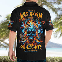 Black Hawaiian shirt worn from back, flame skull graphic across the yoke
