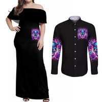Thunder Skull Couples Matching Off Shoulder Maxi Dress and Long Sleeve Button Shirt Love Me Like My Demons Do - Wonder Print Shop