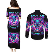 Thunder Skull Couples Matching Puletasi and Long Sleeve Button Shirt Love Me Like My Demons Do - Wonder Print Shop