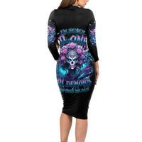 Rose Skull Long Sleeve Bodycon Dress I'm Never Alone My Demons Are With Me 24/7 - Wonder Print Shop