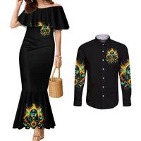 Sunflower Skull Couples Matching Mermaid Dress and Long Sleeve Button Shirt I'm Blunt Because God Rolled Me That Way