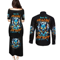 Wolf Skull Couples Matching Puletasi and Long Sleeve Button Shirt Born As Human But Wolft At Heart - Wonder Print Shop