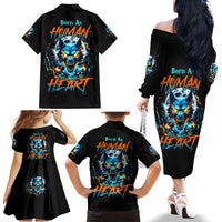 Wolf Skull Family Matching Off Shoulder Long Sleeve Dress and Hawaiian Shirt Born As Human But Wolft At Heart - Wonder Print Shop