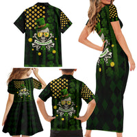 St Patrick's Day Skull Family Matching Short Sleeve Bodycon Dress and Hawaiian Shirt American Flag Shamrock - Wonder Print Shop