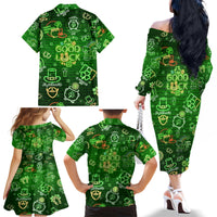 Ireland St Patrick's Day Family Matching Off The Shoulder Long Sleeve Dress and Hawaiian Shirt Symbols Neon - Wonder Print Shop