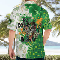 St. Patrick's Day Hawaiian shirt worn, back print with "EAT DRINK AND BE IRISH"