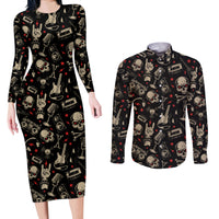 Rock And Roll Skull Pattern Design Couples Matching Long Sleeve Bodycon Dress and Long Sleeve Button Shirts - Wonder Print Shop
