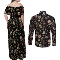 Rock And Roll Skull Pattern Design Couples Matching Off Shoulder Maxi Dress and Long Sleeve Button Shirts - Wonder Print Shop