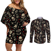 Rock And Roll Skull Pattern Design Couples Matching Off Shoulder Short Dress and Long Sleeve Button Shirts - Wonder Print Shop