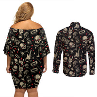 Rock And Roll Skull Pattern Design Couples Matching Off Shoulder Short Dress and Long Sleeve Button Shirts - Wonder Print Shop