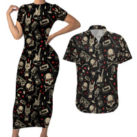 Rock And Roll Skull Pattern Design Couples Matching Short Sleeve Bodycon Dress and Hawaiian Shirt - Wonder Print Shop