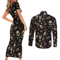 Rock And Roll Skull Pattern Design Couples Matching Short Sleeve Bodycon Dress and Long Sleeve Button Shirts - Wonder Print Shop