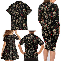 Rock And Roll Skull Pattern Design Family Matching Long Sleeve Bodycon Dress and Hawaiian Shirt - Wonder Print Shop