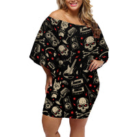 Rock And Roll Skull Pattern Design Family Matching Off Shoulder Short Dress and Hawaiian Shirt - Wonder Print Shop