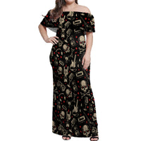 Rock And Roll Skull Pattern Design Off Shoulder Maxi Dress - Wonder Print Shop