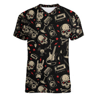 Rock And Roll Skull Pattern Design Women V Neck T Shirt - Wonder Print Shop