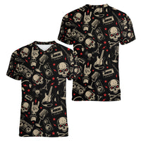 Rock And Roll Skull Pattern Design Women V Neck T Shirt - Wonder Print Shop