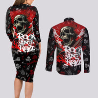 Rock And Roll Skull Forever Couples Matching Long Sleeve Bodycon Dress and Long Sleeve Button Shirts - Wonder Print Shop