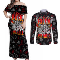 Rock And Roll Skull Forever Couples Matching Off Shoulder Maxi Dress and Long Sleeve Button Shirts - Wonder Print Shop