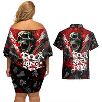 Rock And Roll Skull Forever Couples Matching Off Shoulder Short Dress and Hawaiian Shirt - Wonder Print Shop