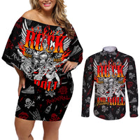 Rock And Roll Skull Forever Couples Matching Off Shoulder Short Dress and Long Sleeve Button Shirts - Wonder Print Shop