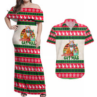 Merry Christmas Cat Couples Matching Off Shoulder Maxi Dress and Hawaiian Shirt Meowy Catmas Xmas Tree - Wonder Print Shop