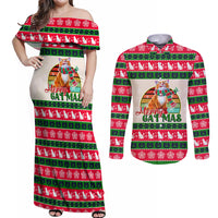 Merry Christmas Cat Couples Matching Off Shoulder Maxi Dress and Long Sleeve Button Shirt Meowy Catmas Xmas Tree - Wonder Print Shop