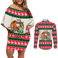 Merry Christmas Cat Couples Matching Off Shoulder Short Dress and Long Sleeve Button Shirt Meowy Catmas Xmas Tree - Wonder Print Shop