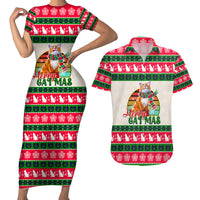 Merry Christmas Cat Couples Matching Short Sleeve Bodycon Dress and Hawaiian Shirt Meowy Catmas Xmas Tree - Wonder Print Shop