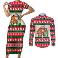 Merry Christmas Cat Couples Matching Short Sleeve Bodycon Dress and Long Sleeve Button Shirt Meowy Catmas Xmas Tree - Wonder Print Shop