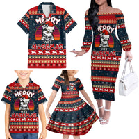Merry Wet Nosemas Family Matching Off Shoulder Long Sleeve Dress and Hawaiian Shirt Christmas Husky - Wonder Print Shop