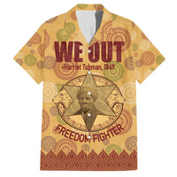 Beige Hawaiian shirt with short sleeves, button front, and Harriet Tubman graphic print