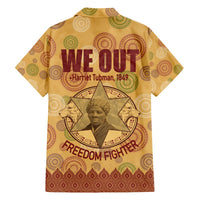 Beige Hawaiian shirt with short sleeves, button front, “We Out” and Harriet Tubman 1849 print