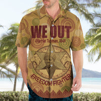 Beige button-up Hawaiian shirt with short sleeves and Harriet Tubman “We Out” graphic