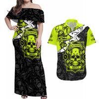 Personalised Electricians Skull Couples Matching Off Shoulder Maxi Dress and Hawaiian Shirt - Wonder Print Shop