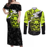 Personalised Electricians Skull Couples Matching Off Shoulder Maxi Dress and Long Sleeve Button Shirts - Wonder Print Shop
